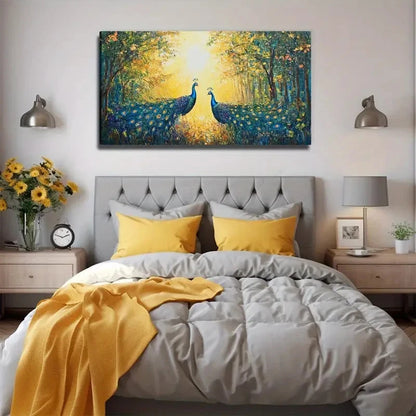 Vibrant Peacock Forest Wall Art Canvas Office Home Room Framed 120x60cm
