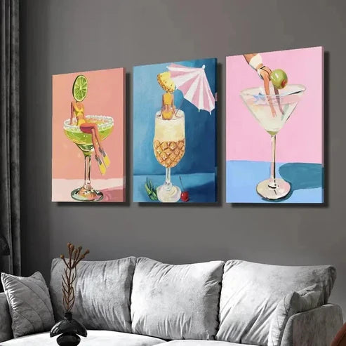 3pcs Woman in Cocktail Wine Glass Wall Art Set Canvas Unframed - High Quality Print 100% Australian Made Wall Canvas