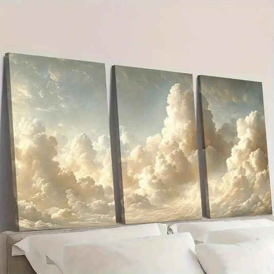 3pcs Abstract Beige & White Clouds ER Wall Art Set Canvas Framed 60x90cm - High Quality Print 100% Australian Made Wall Canvas Ready to Hang