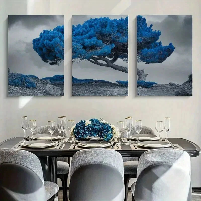 3pcs Modern Surreal Blue Tree Metal Print Ready to Hang Art - Bella Home Decor