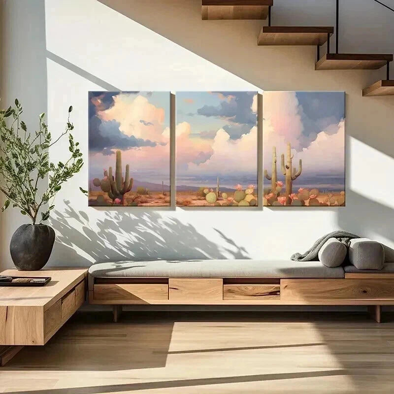 3pcs Desert Landscape Cactus Plants & Cloudy Sky Metal Print Ready to Hang Art - Bella Home Decor