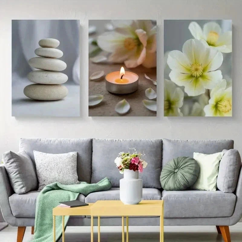 3pcs Zen Stones, Candle, White Flower  Wall Art Set Canvas Framed 50x70cm - High Quality Print 100% Australian Made Wall Canvas Ready to Hang - Bella Home Decor