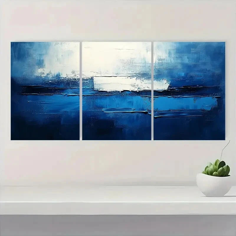 3pcs Abstract Blue & Gray Modern Minimalist Metal Print Ready to Hang Art - Bella Home Decor