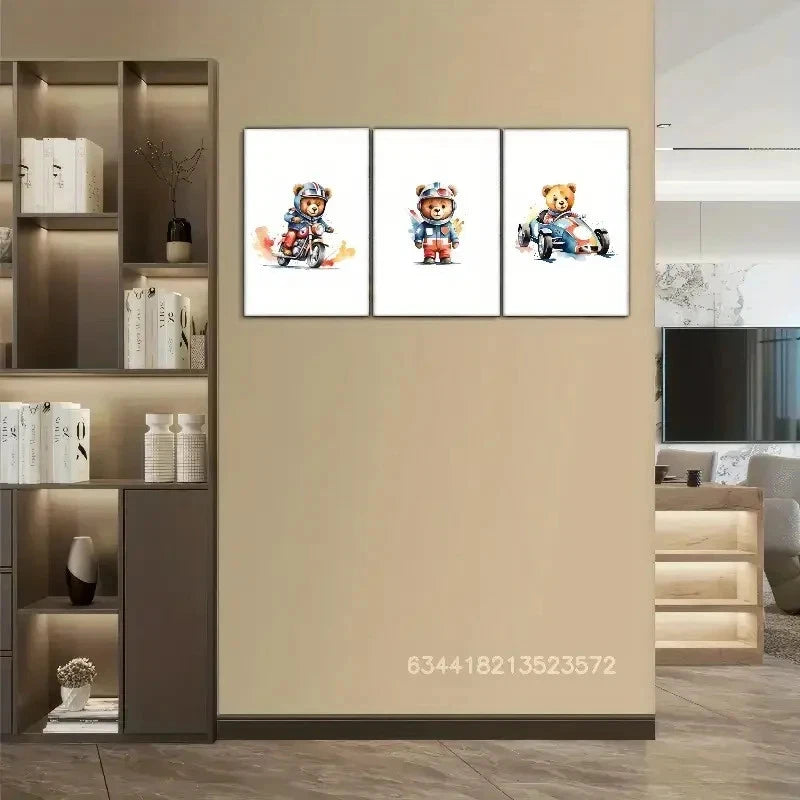 3pcs Bear Art Print Racing Sports Wall Art Metal Print Ready to Hang Art - Bella Home Decor