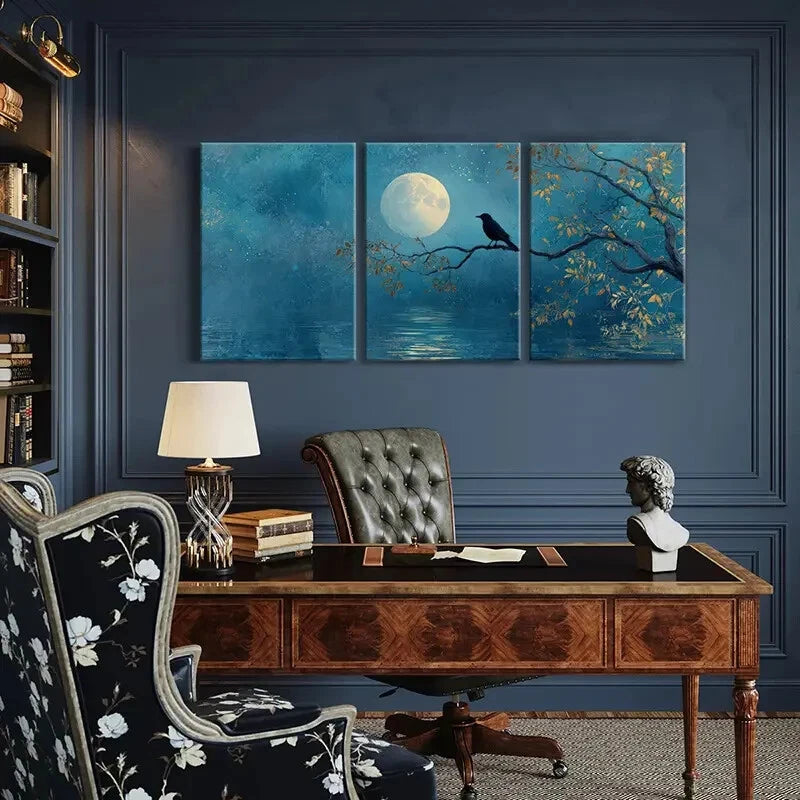 3pcs Moonlit Night Serene Landscape Autumn Leaves Metal Print Ready to Hang Art - Bella Home Decor