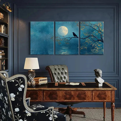 3pcs Moonlit Night Serene Landscape Autumn Leaves Metal Print Ready to Hang Art - Bella Home Decor