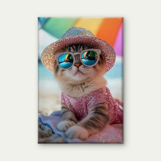 Sparkling Cat on Beach Scene 60x90cm Metal Print Ready to Hang