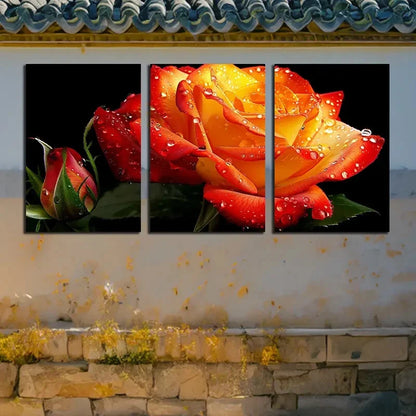 3pcs Vibrant Orange Rose with Water Droplets Metal Print Ready to Hang Art