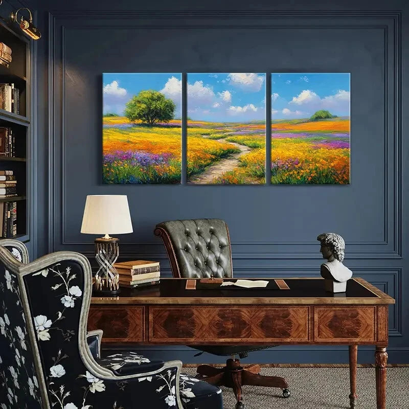 3pcs Landscape Painting Colorful Flowers Blue Sky Metal Print Ready to Hang Art - Bella Home Decor