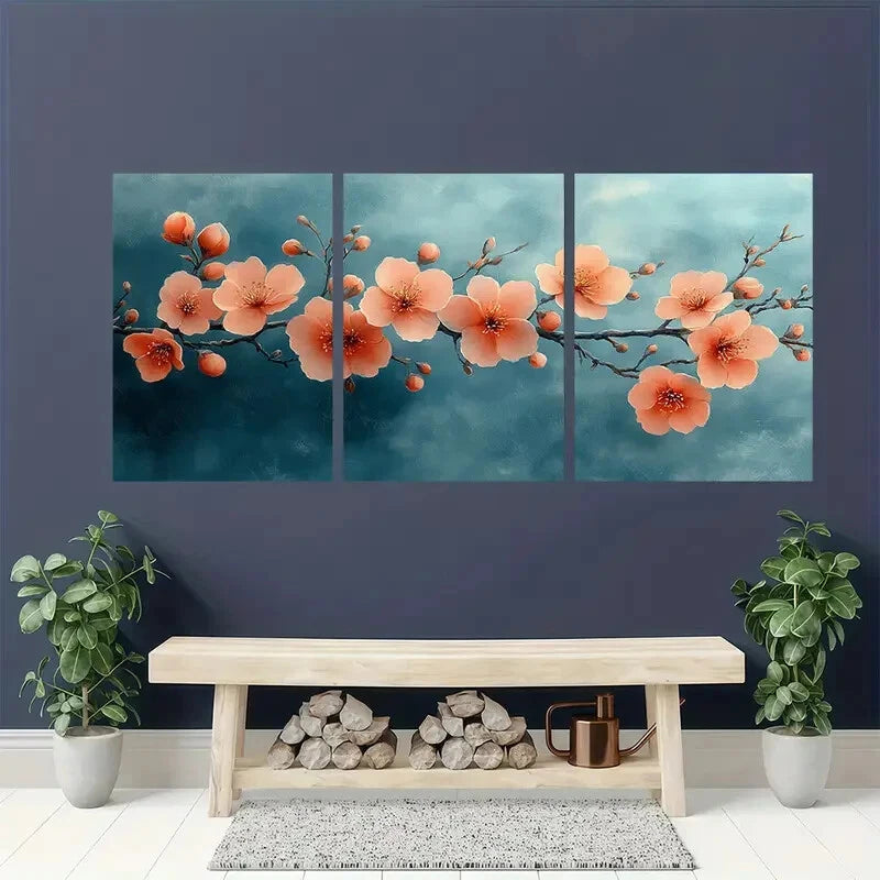 3pcs Peach Blossom Floral Watercolor Art Prints Metal Print Ready to Hang Art - Bella Home Decor