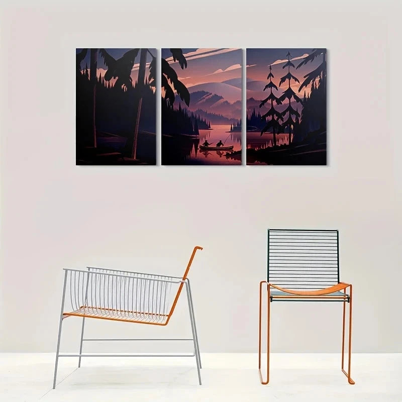3pcs Sunset Serene Canoe and Trees Metal Print Ready to Hang Art