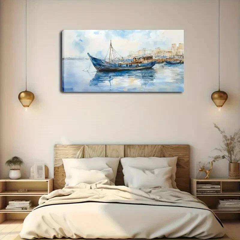 Blue Fishing Boat at Water Wall Art Canvas Office Home Room Framed 120x60cm - Bella Home Decor
