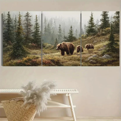 3pcs Mother Bear with Cubs Bear Spruce Forest Wall Art Set Canvas Framed 40x60cm - High Quality Print 100% Australian Made Wall Canvas Ready to Hang