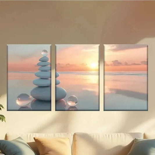 3pcs Stack of Rocks on The Beach at Sunset Wall Art Set Canvas Framed 60x90cm - High Quality Print 100% Australian Made Wall Canvas Ready to Hang