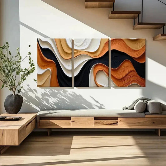 3pcs Wavy Patterns in Black White Orange & Beige Wall Art Set Canvas Framed 50x70cm - High Quality Print 100% Australian Made Wall Canvas Ready to Hang