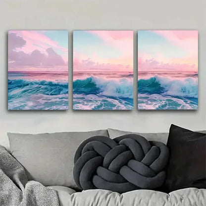 3pcs Ocean Wave Pink Sky Sea Landscape Wall Art Canvas Unframed - High Quality Print 100% Australian Made Wall Canvas