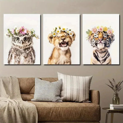 3pcs Adorable Animal Floral Crowns Perfect Wall Art Set Canvas Framed 60x90cm - High Quality Print 100% Australian Made Wall Canvas Ready to Hang - Bella Home Decor