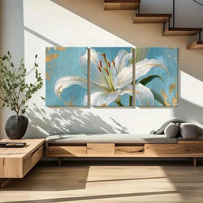 3pcs Elegant White Lily Floral Art Golden Accents Metal Print Ready to Hang Art