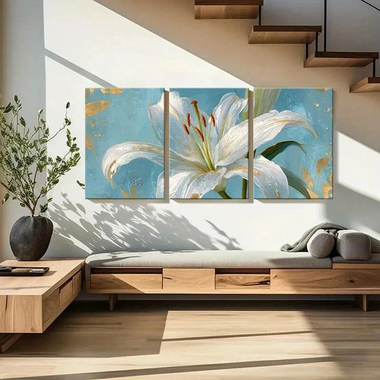 3pcs Elegant White Lily Floral Art Golden Accents Metal Print Ready to Hang Art