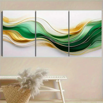 3pcs Green and Golden Abstract Waves Wall Art Set Canvas Framed 60x90cm - High Quality Print 100% Australian Made Wall Canvas Ready to Hang - Bella Home Decor