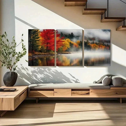 3pcs Autumn Colors Misty Lake & Vibrant Trees Wall Art Set Canvas Framed 40x60cm - High Quality Print 100% Australian Made Wall Canvas Ready to Hang