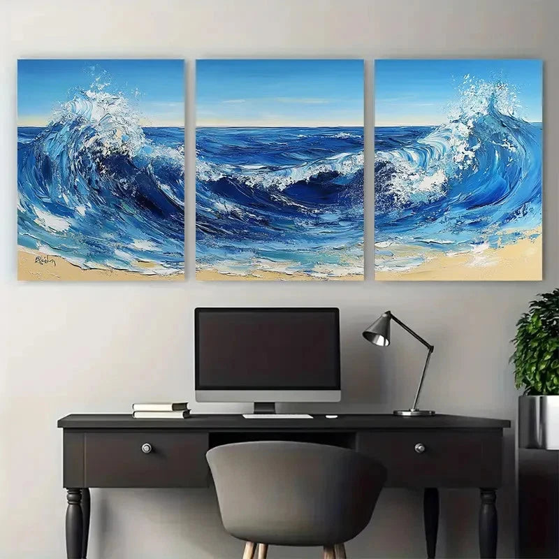 3pcs Blue Abstract Ocean Landscape Wave Beach Wall Art Set Canvas Framed 40x60cm - High Quality Print 100% Australian Made Wall Canvas Ready to Hang - Bella Home Decor