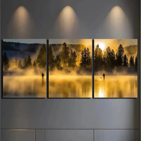 3pcs Two People Fishing at the Lake Wall Art Canvas Unframed – High Quality Print 100% Australian Made Wall Canvas