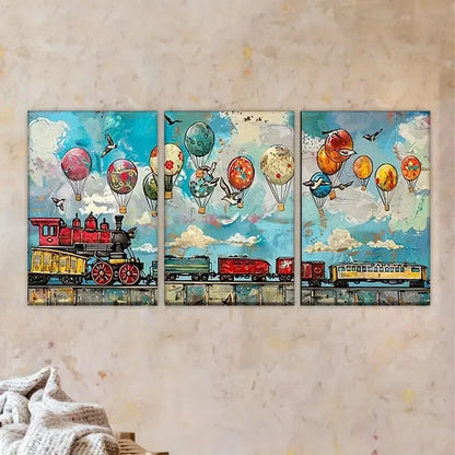 3pcs train and balloons flying over city Wall Art Set Canvas Framed 40x60cm - High Quality Print 100% Australian Made Wall Canvas Ready to Hang - Bella Home Decor