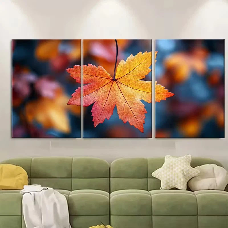 3pcs Vibrant Autumn Maple Leaf Metal Print Ready to Hang Art
