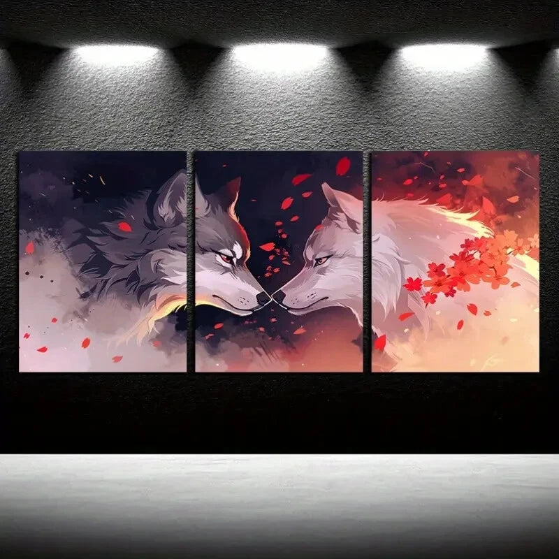 3pcs Pair of Wolves in The Forest Metal Print Ready to Hang Art