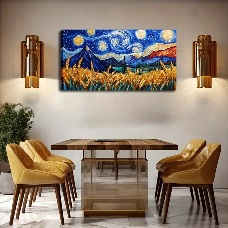 Vibrant Starry Night Sky Wheat Wall Art Canvas Office Home Room Framed 120x60cm - Bella Home Decor