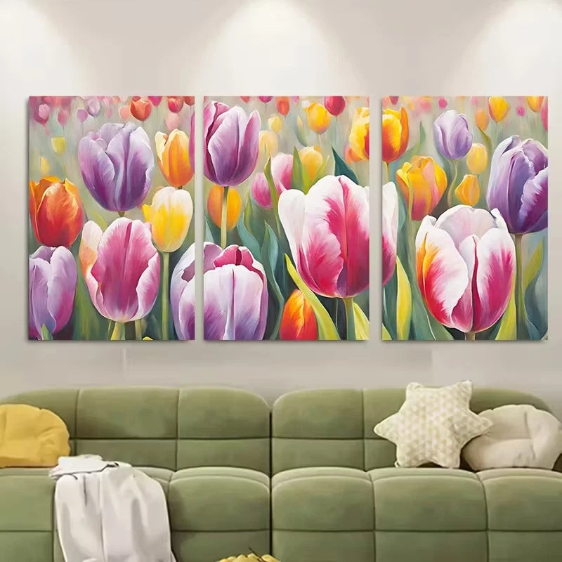 3pcs Vibrant Tulip Field Metal Print Ready to Hang Art
