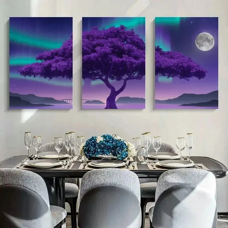 3pcs Purple Tree & Aurora Borealis Metal Print Ready to Hang Art - Bella Home Decor