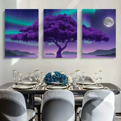 3pcs Purple Tree & Aurora Borealis Metal Print Ready to Hang Art - Bella Home Decor