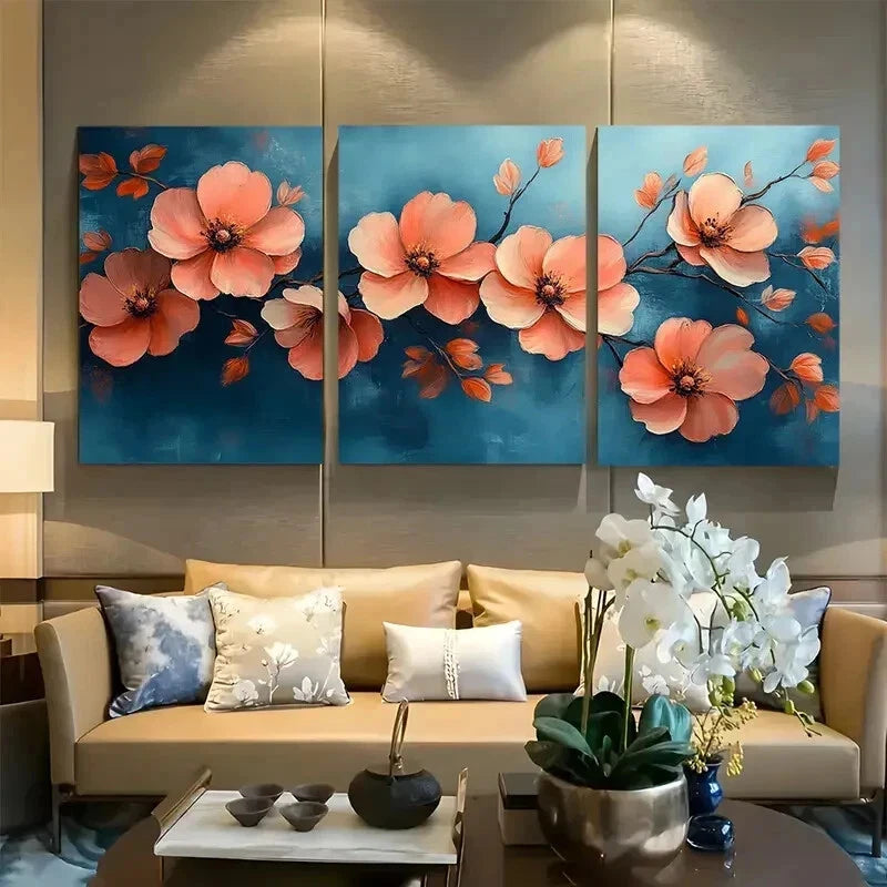 3pcs Boho Flowers in Blue Background Design Wall Art Set Canvas Framed 50x70cm - High Quality Print 100% Australian Made Wall Canvas Ready to Hang - Bella Home Decor