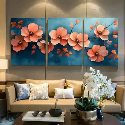 3pcs Boho Flowers in Blue Background Design Wall Art Set Canvas Framed 50x70cm - High Quality Print 100% Australian Made Wall Canvas Ready to Hang - Bella Home Decor
