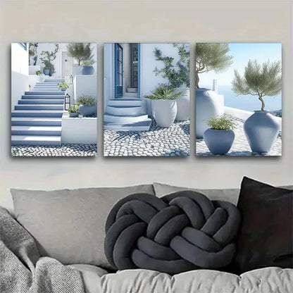 3pcs Santorini Blue And White Mediterranean Metal Print Ready to Hang Art
