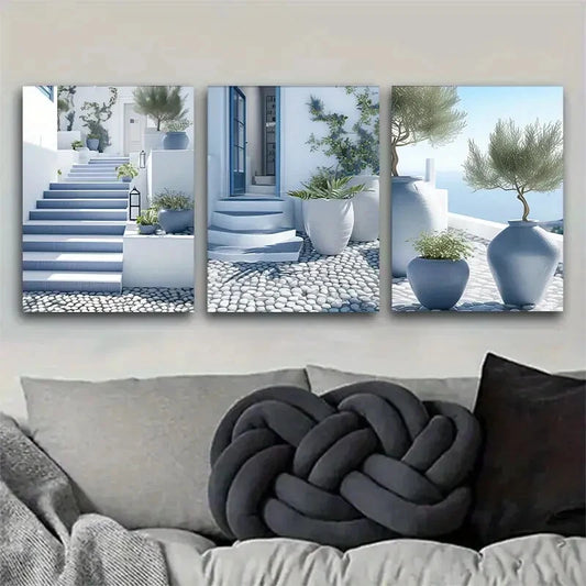 3pcs Santorini Blue And White Mediterranean Metal Print Ready to Hang Art