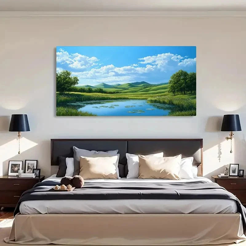 Green Hills Featuring Water Wall Art Canvas Office Home Room Framed 120x60cm - Bella Home Decor