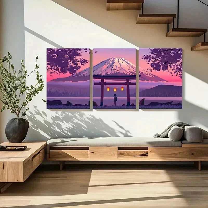 3pcs Japanese Style Mount Fuji Anime Landscape Wall Art Set Canvas Framed 40x60cm - High Quality Print 100% Australian Made Wall Canvas Ready to Hang