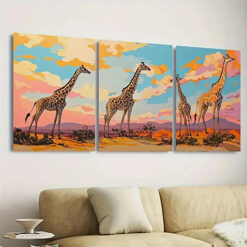 3pcs Giraffes In The Desert Wall Art Set Canvas Framed 40x60cm - High Quality Print 100% Australian Made Wall Canvas Ready to Hang - Bella Home Decor