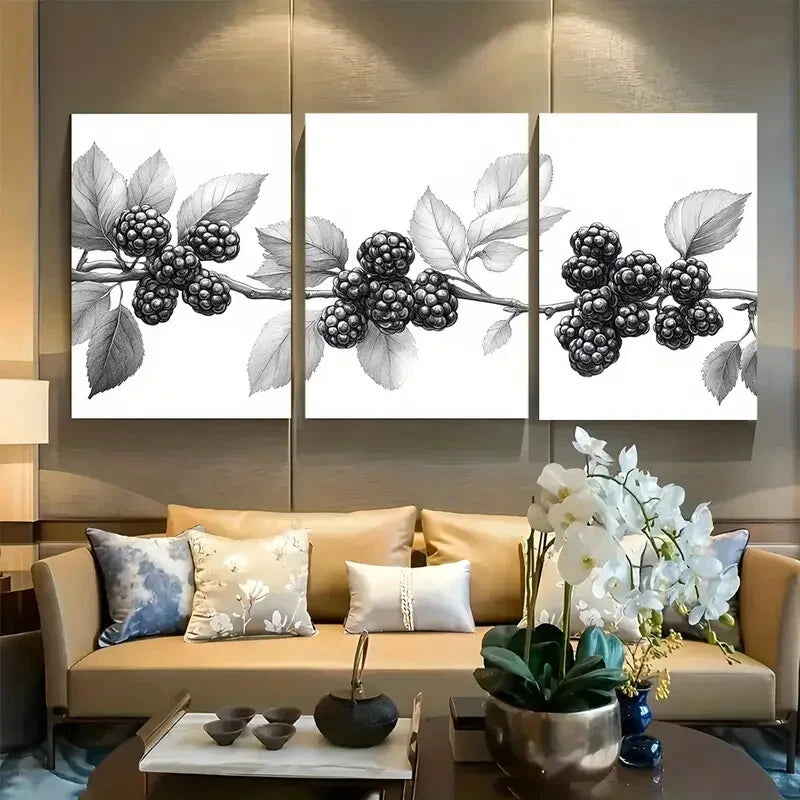 3pcs Elegant Black & White Botanical Berry Branch Metal Print Ready to Hang Art