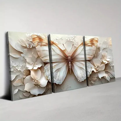 3pcs Elegant Butterfly & Florals with Cream Tone Canvas Unframed - High Quality Print 100% Australian Made Wall Canvas