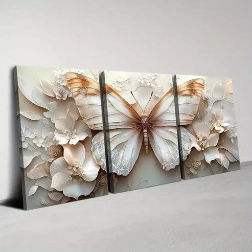3pcs Elegant Butterfly & Florals with Cream Tone Canvas Unframed - High Quality Print 100% Australian Made Wall Canvas