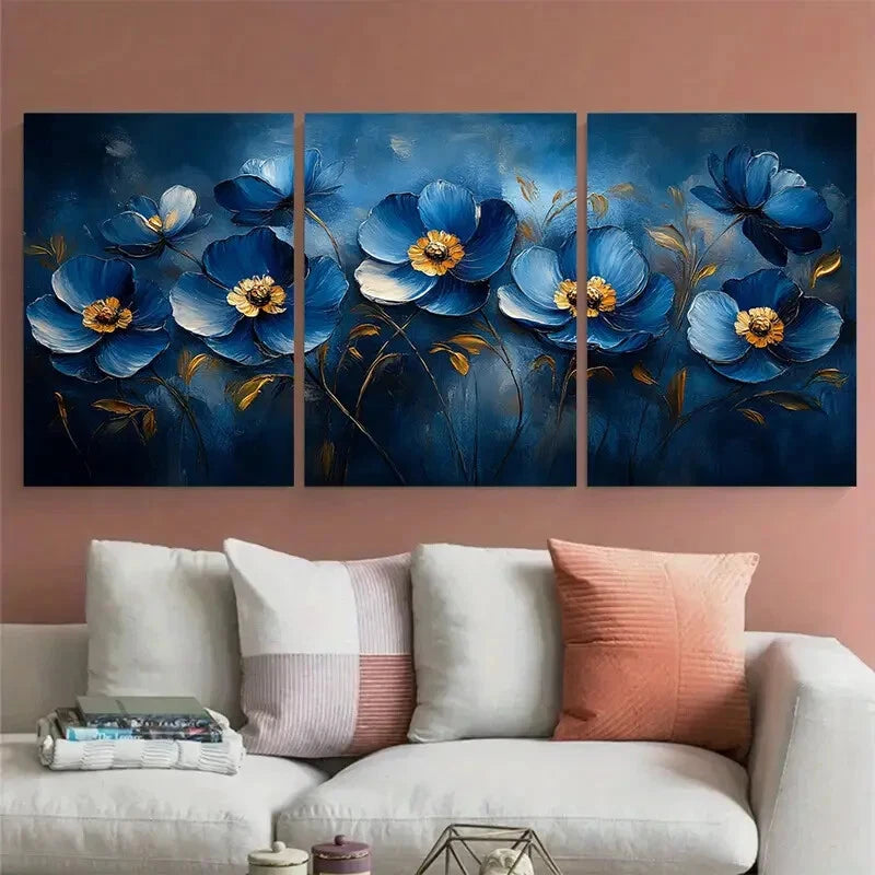 3pcs Blue Style Abstract Flowers Design Metal Print Ready to Hang Art - Bella Home Decor