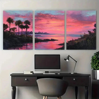 3pcs Coastal Serenity Pink Sunset Perfect Wall Art Set Canvas Framed 40x60cm - High Quality Print 100% Australian Made Wall Canvas Ready to Hang - Bella Home Decor