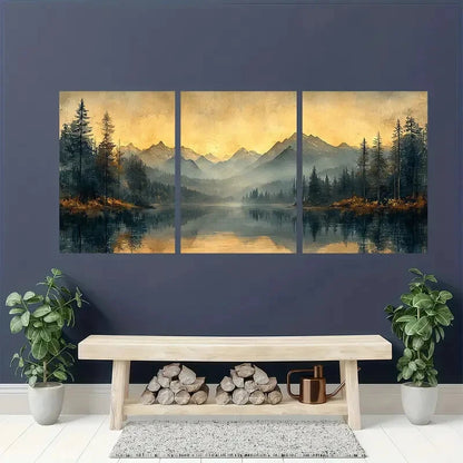 3pcs Dark moody Wooden Landscape Poster Metal Print Ready to Hang Art - Bella Home Decor