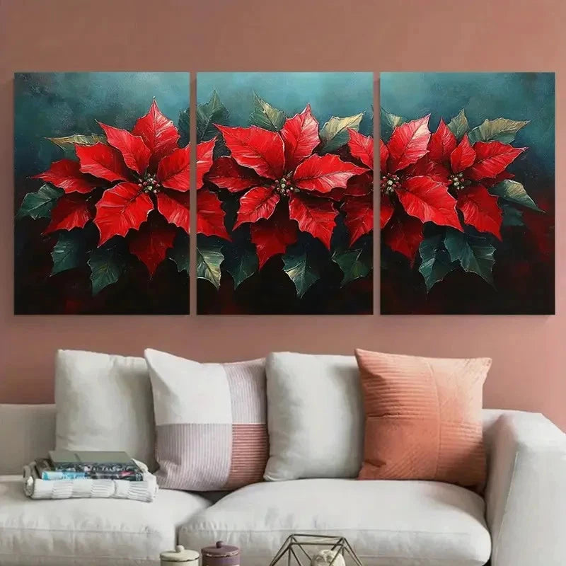 3pcs Beautiful Poinsettia Flowers Illustration Metal Print Ready to Hang Art - Bella Home Decor