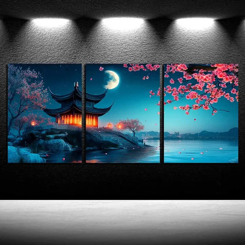 3pcs Ancient Pagoda by Moonlight Scenery Metal Print Ready to Hang Art - Bella Home Decor