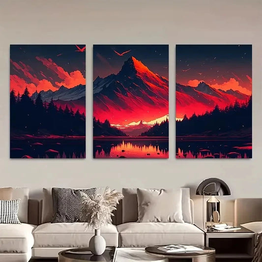 3pcs , Fantasy Red Sky Lake Mountain Metal Print Ready to Hang Art